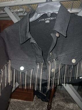 HYFVE Black Chain Fringe Cropped Jean Jacket